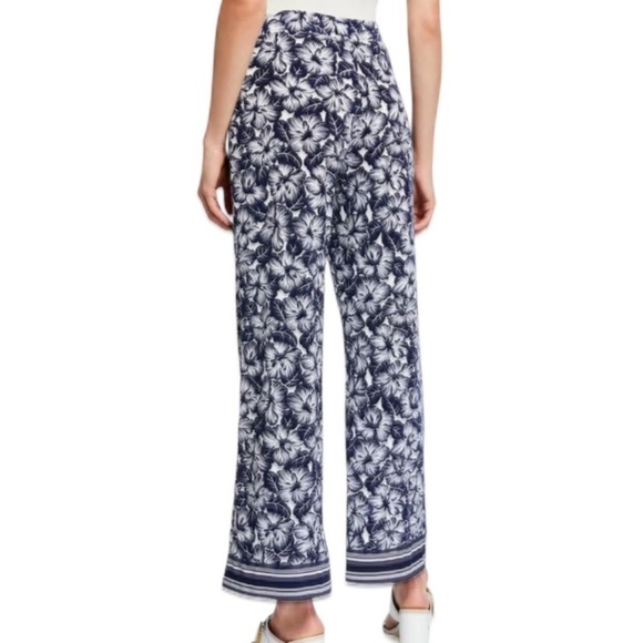 Michael Kors Floral Wide Leg Pants Blue White Hibiscus Size Large - Picture 2 of 10